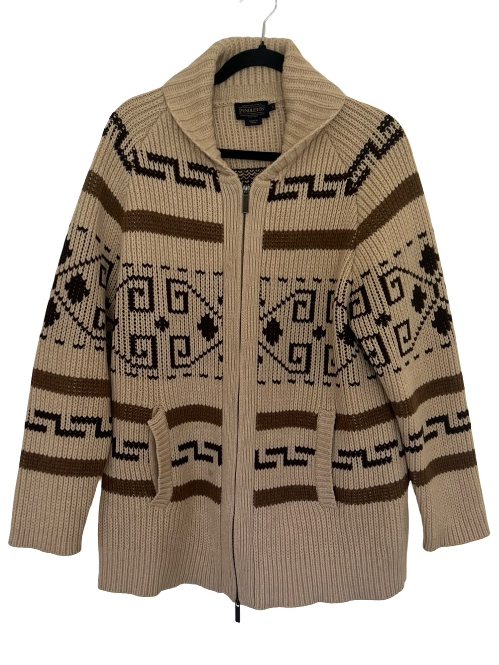Pendleton Tan 100% Wool Westerly Front Zip Long Wool Cardigan Large